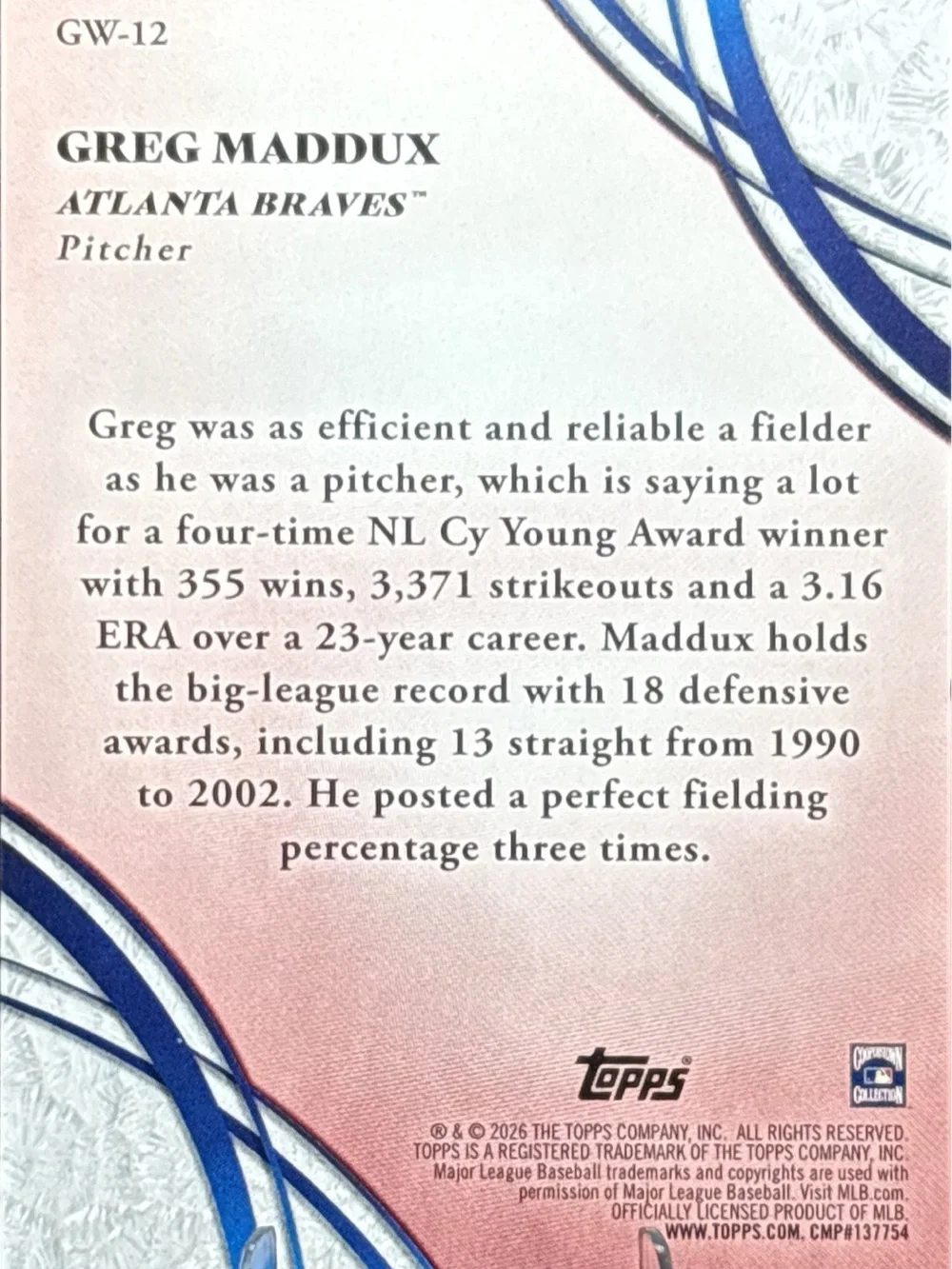 Topps Greg Maddux Card - Glove Work Refractor